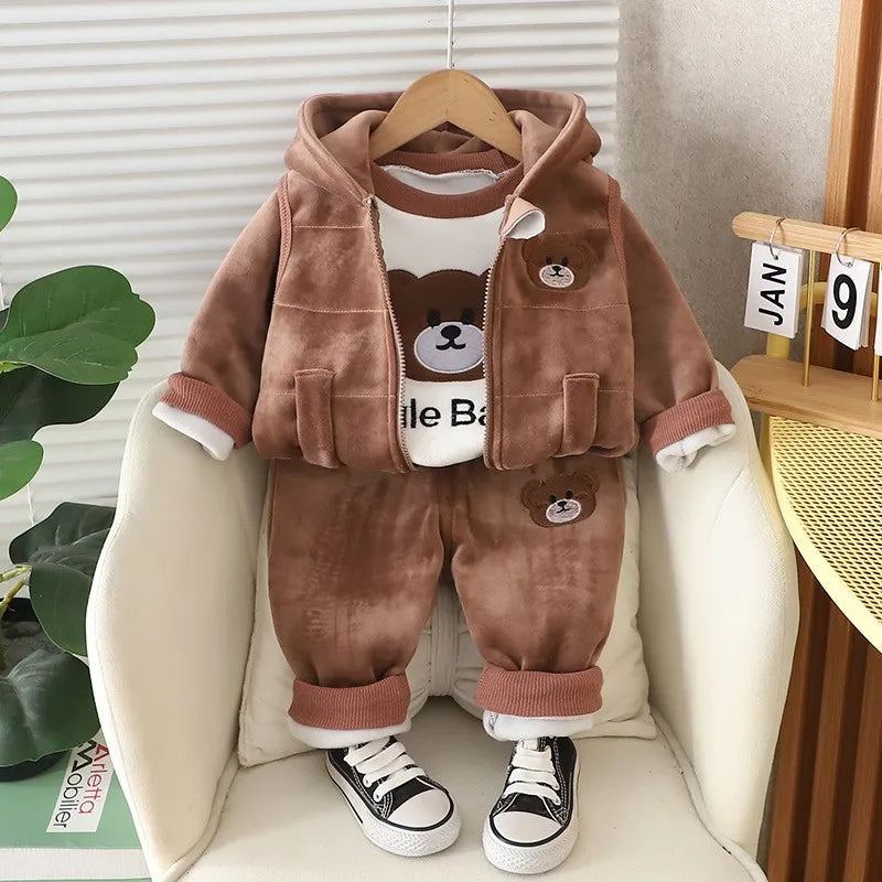 Baby Boys Clothing Set Autumn Winter Cartoon Bear Fleece Hooded Vest Coat Pants 3Pcs for Kids Casual Outfits Girls Warm Suit