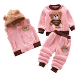 Baby Boys Clothing Set Autumn Winter Cartoon Bear Fleece Hooded Vest Coat Pants 3Pcs for Kids Casual Outfits Girls Warm Suit