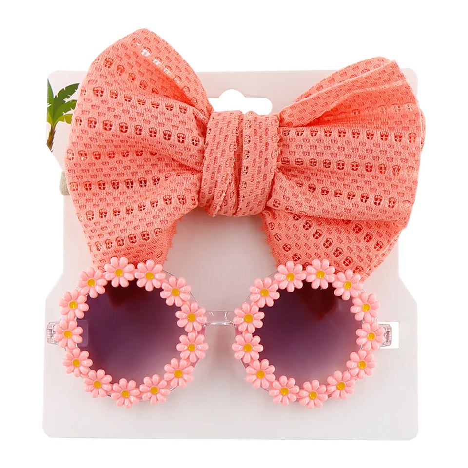 2Pcs/Set Daisy Flower Sunglasses With Elastic Nylon Baby Headband Bohemia Beach Seaside Sun Glasses Kids Puff Bow Headwear