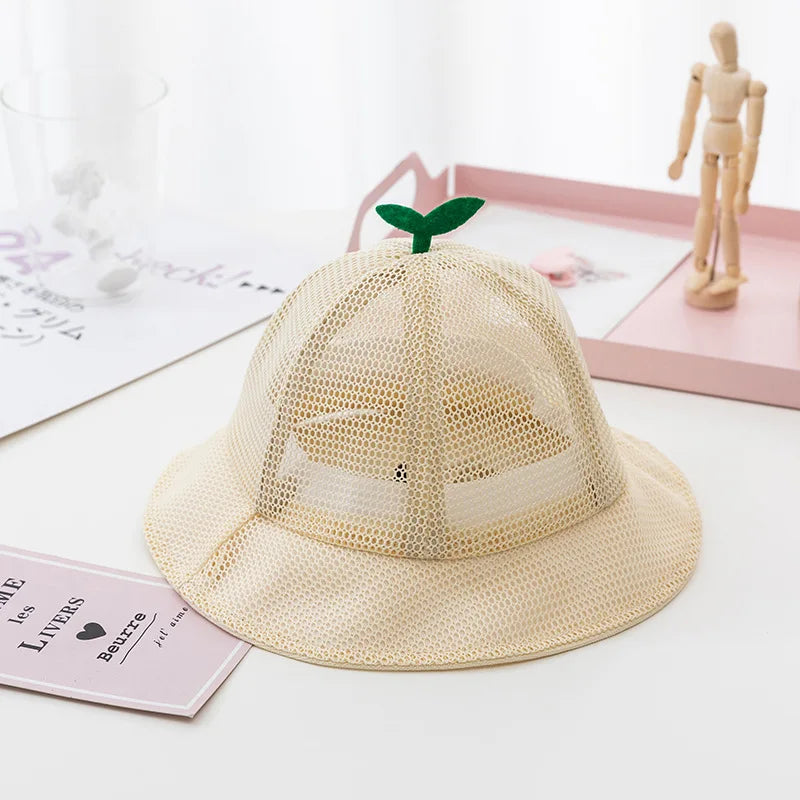 Korean Cute Sprout Baby Bucket Hat  Summer Mesh Breathable  Fisherman Cap For Kids Solid Color Boys Girls Drawstring Sun Hat