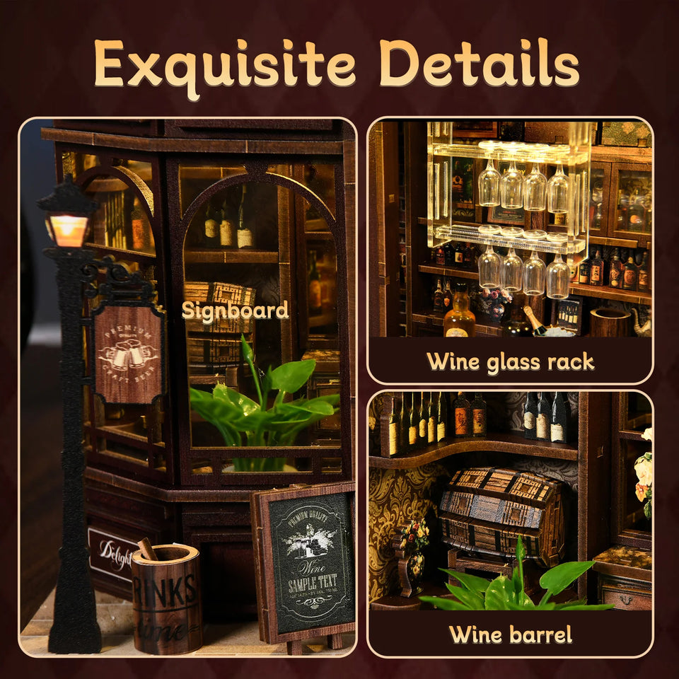 SnapTogs 3D Wooden Puzzle 327PCS Corner Tavern Retro Light Up Dollhouse Furniture DIY Miniature Kit Model Assembly Gift