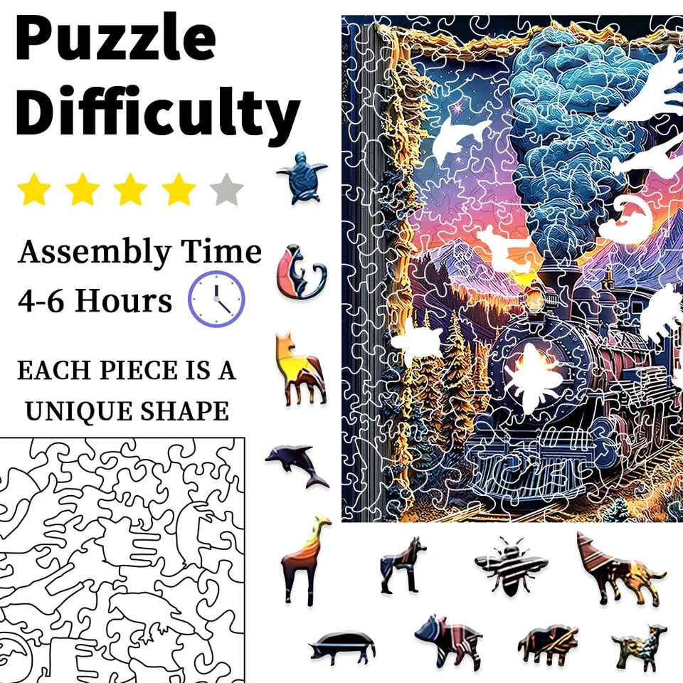 "Train Wooden Puzzle | Challenging Brain Game with Irregularly Cut Pieces • Durable Wooden Construction • Colorful Artwork & Int