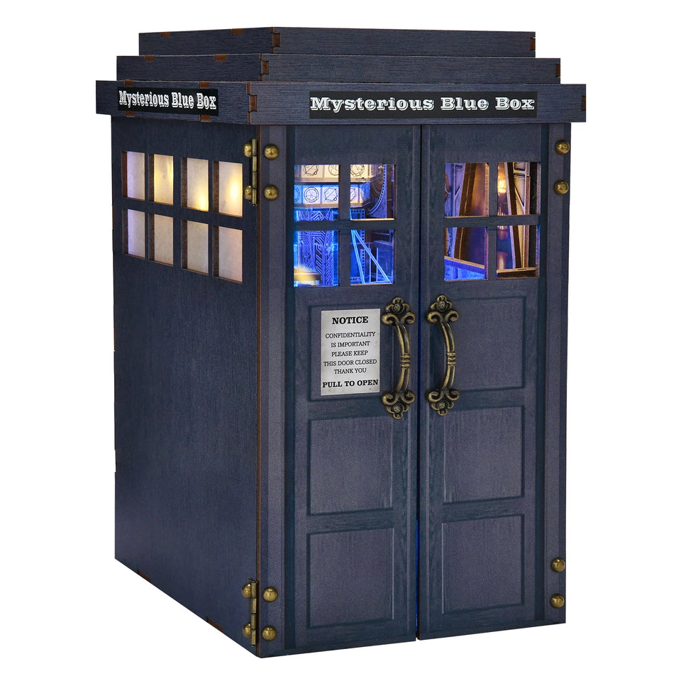 Book Nook Kit Blue Telephone Booth 3D DIY Wooden Puzzle Handmade Bookshelf Dollhouse Model Bookend Building Home Decoration
