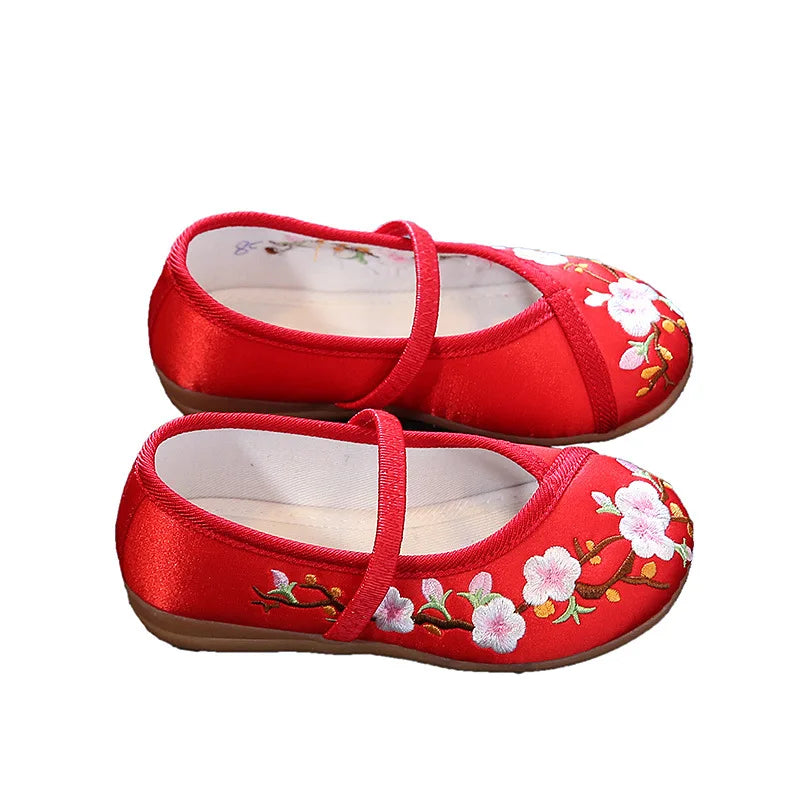 Children Hanfu Flat Shoes Ethnic Chinese Style Girls Embroidered Cloth Shoes Fashion Soft Kids Princess Ancient Dress Up Shoes