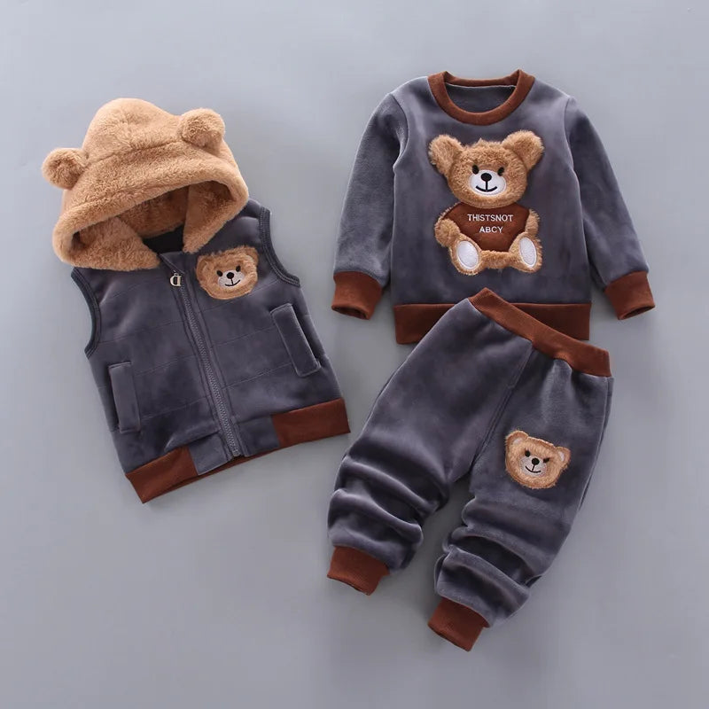 Baby Boys Clothing Set Autumn Winter Cartoon Bear Fleece Hooded Vest Coat Pants 3Pcs for Kids Casual Outfits Girls Warm Suit