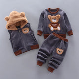 Baby Boys Clothing Set Autumn Winter Cartoon Bear Fleece Hooded Vest Coat Pants 3Pcs for Kids Casual Outfits Girls Warm Suit