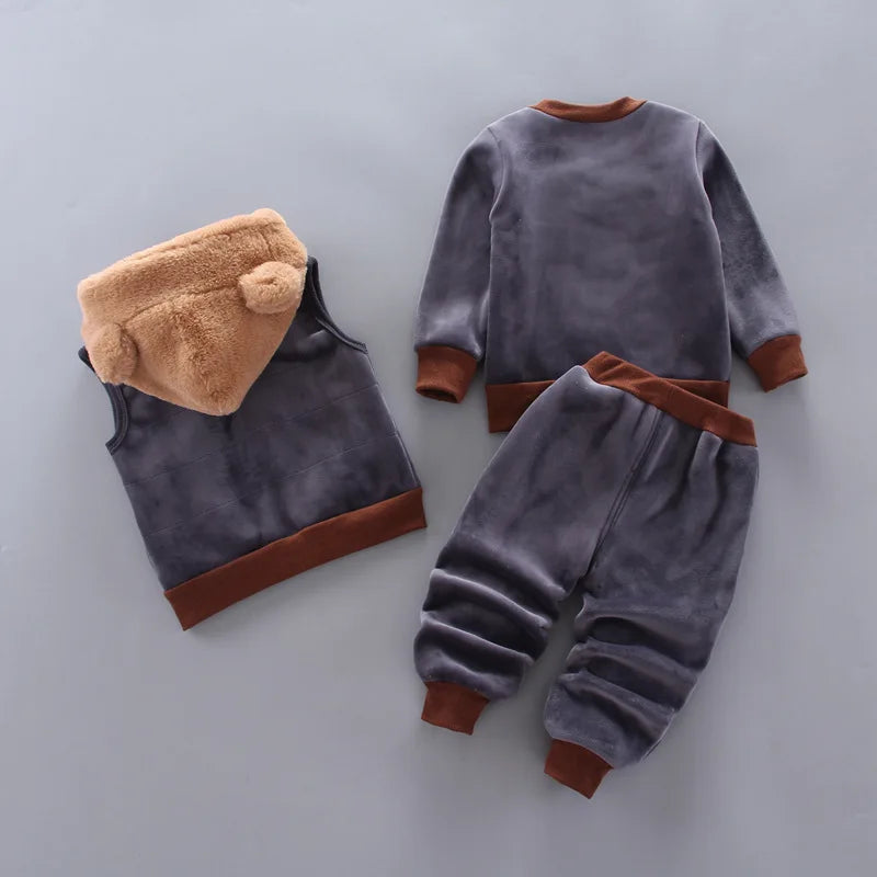 Baby Boys Clothing Set Autumn Winter Cartoon Bear Fleece Hooded Vest Coat Pants 3Pcs for Kids Casual Outfits Girls Warm Suit