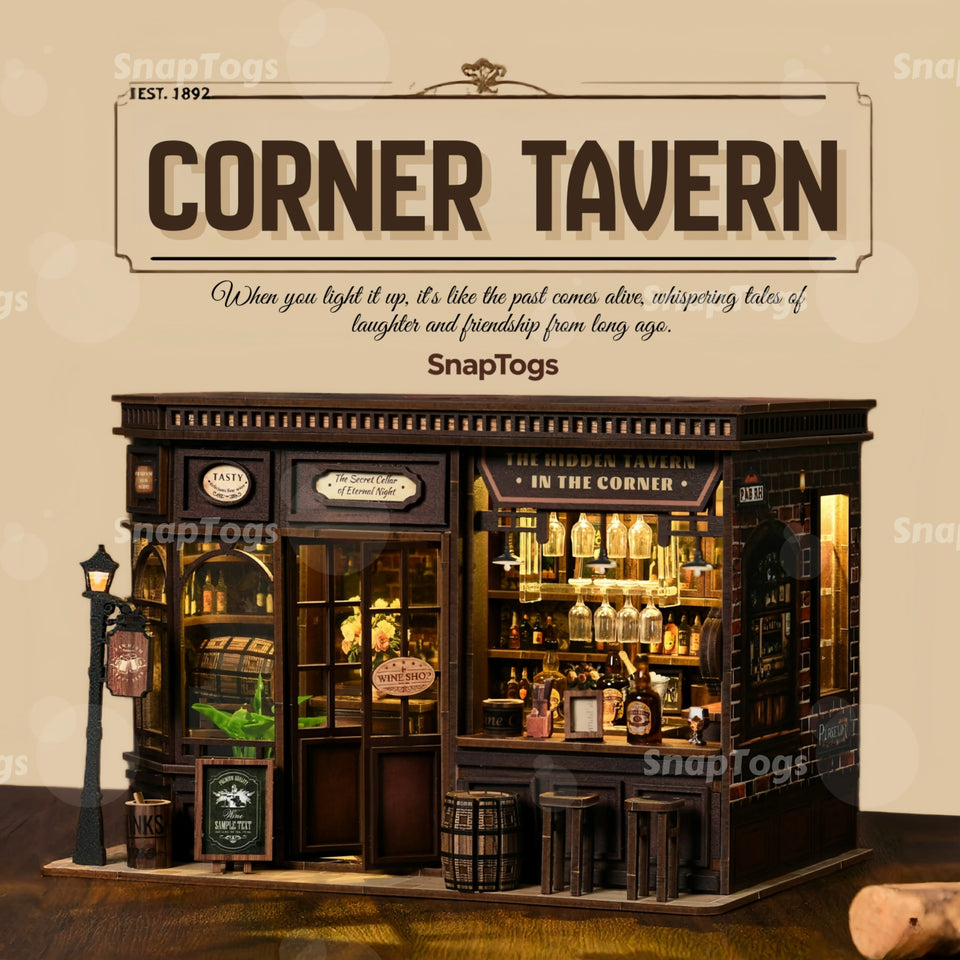 SnapTogs 3D Wooden Puzzle 327PCS Corner Tavern Retro Light Up Dollhouse Furniture DIY Miniature Kit Model Assembly Gift