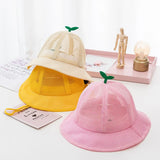 Korean Cute Sprout Baby Bucket Hat  Summer Mesh Breathable  Fisherman Cap For Kids Solid Color Boys Girls Drawstring Sun Hat