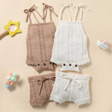 0-18M Baby Girls Summer Shorts Sets Solid Color Sling Lace-up Knitted Backless Rompers Drawstring Shorts Outfits for Photography