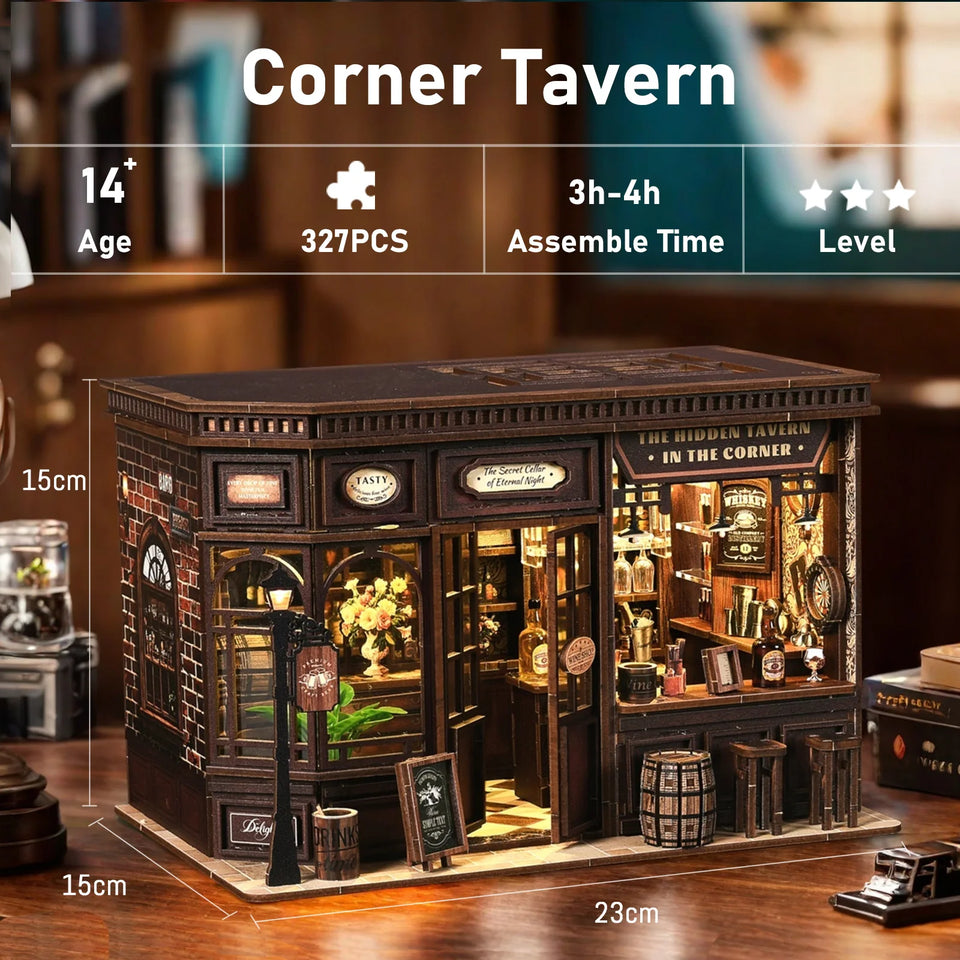 SnapTogs 3D Wooden Puzzle 327PCS Corner Tavern Retro Light Up Dollhouse Furniture DIY Miniature Kit Model Assembly Gift