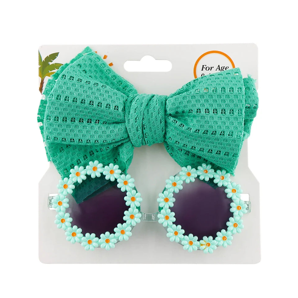 2Pcs/Set Daisy Flower Sunglasses With Elastic Nylon Baby Headband Bohemia Beach Seaside Sun Glasses Kids Puff Bow Headwear