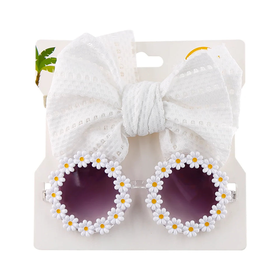 2Pcs/Set Daisy Flower Sunglasses With Elastic Nylon Baby Headband Bohemia Beach Seaside Sun Glasses Kids Puff Bow Headwear