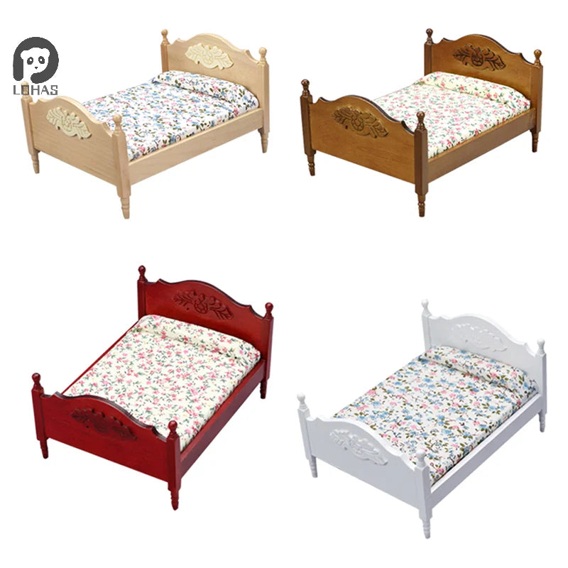 1Pc 1:12 Dollhouse Miniature Bedroom Double Bed European Simulation Furniture Model Living Scene Decor Toy