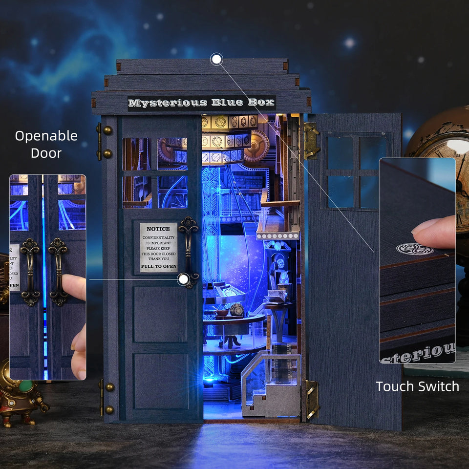 Book Nook Kit Blue Telephone Booth 3D DIY Wooden Puzzle Handmade Bookshelf Dollhouse Model Bookend Building Home Decoration