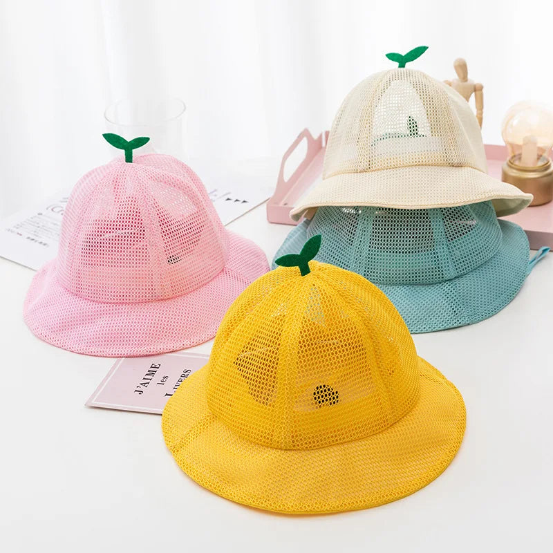 Korean Cute Sprout Baby Bucket Hat  Summer Mesh Breathable  Fisherman Cap For Kids Solid Color Boys Girls Drawstring Sun Hat