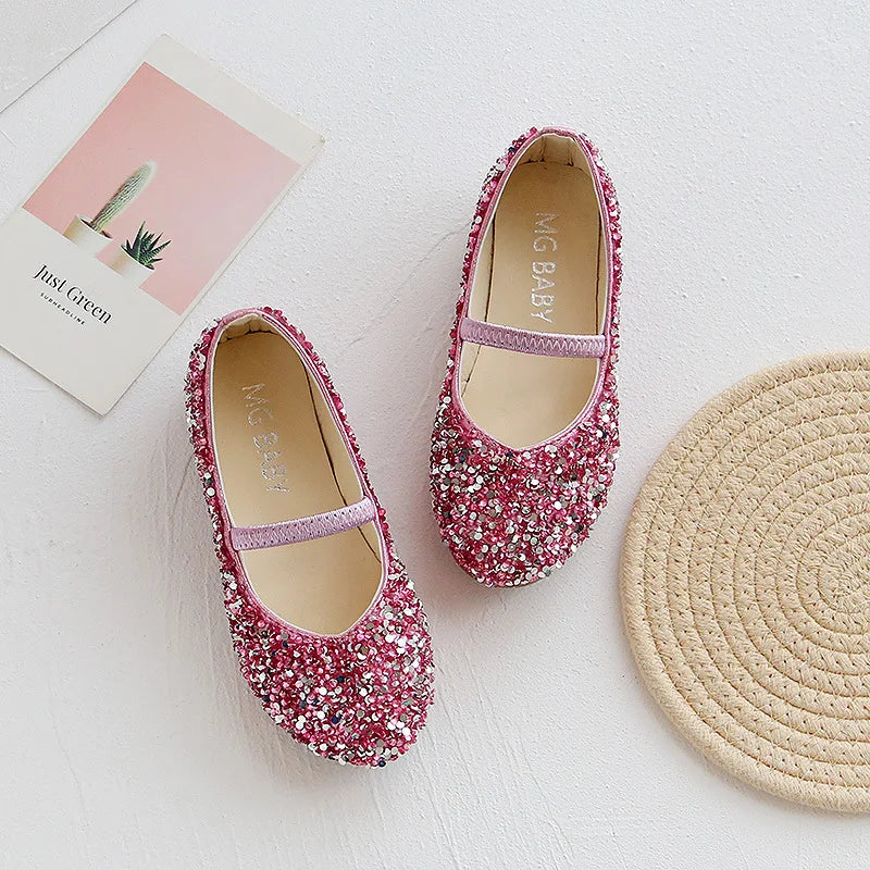 2025 Spring Autumn Girls Princess Shoes Party Bling Sequins Children Oxfords Soft PU Leather Shoes For Girl Pink, Silver, Blue
