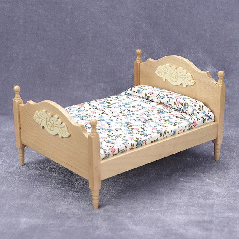 1Pc 1:12 Dollhouse Miniature Bedroom Double Bed European Simulation Furniture Model Living Scene Decor Toy