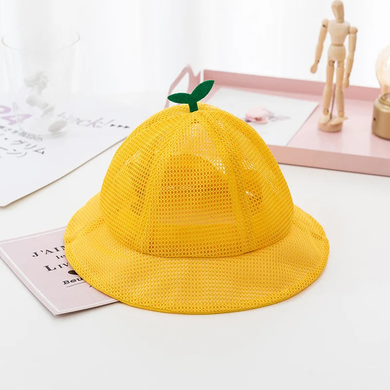 Korean Cute Sprout Baby Bucket Hat  Summer Mesh Breathable  Fisherman Cap For Kids Solid Color Boys Girls Drawstring Sun Hat