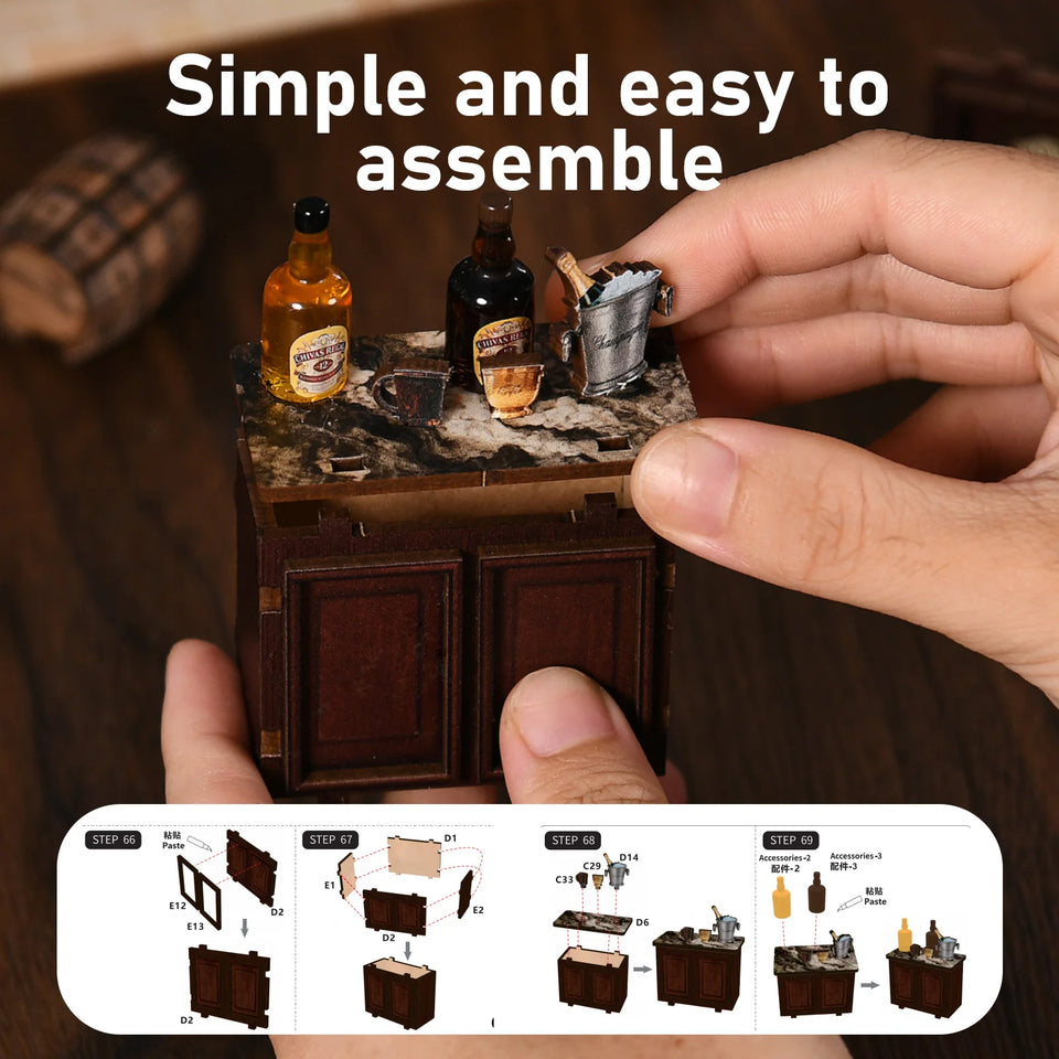 SnapTogs 3D Wooden Puzzle 327PCS Corner Tavern Retro Light Up Dollhouse Furniture DIY Miniature Kit Model Assembly Gift