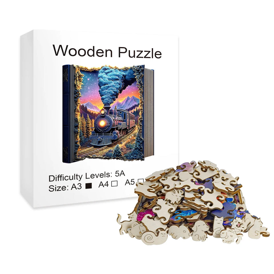 "Train Wooden Puzzle | Challenging Brain Game with Irregularly Cut Pieces • Durable Wooden Construction • Colorful Artwork & Int