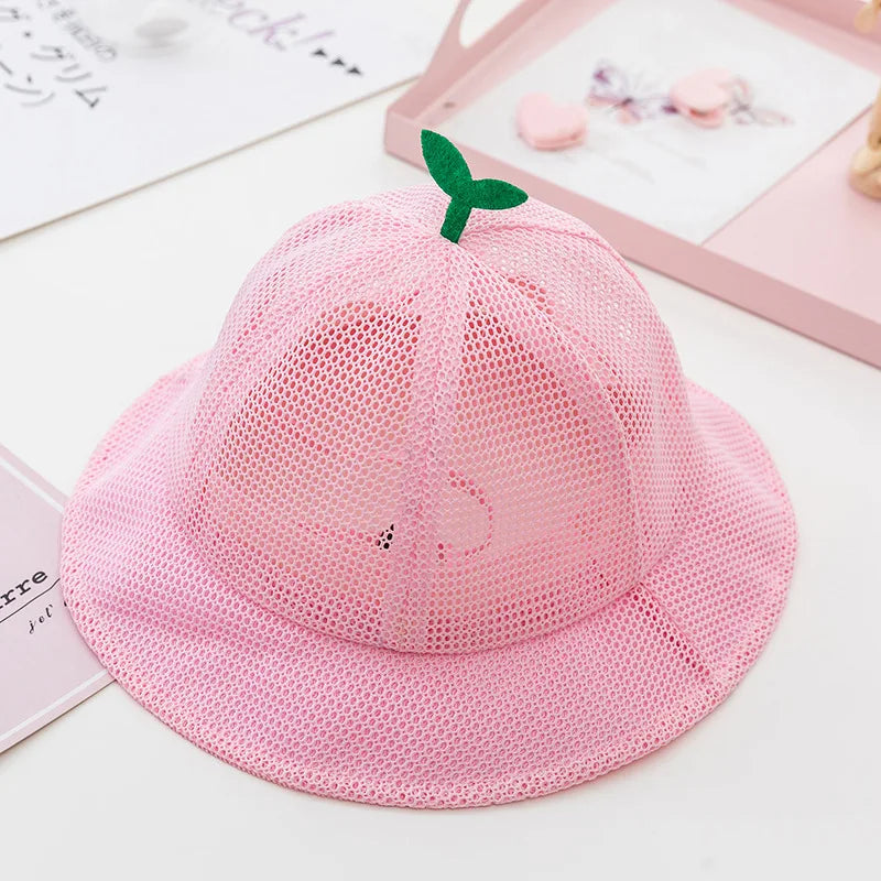 Korean Cute Sprout Baby Bucket Hat  Summer Mesh Breathable  Fisherman Cap For Kids Solid Color Boys Girls Drawstring Sun Hat