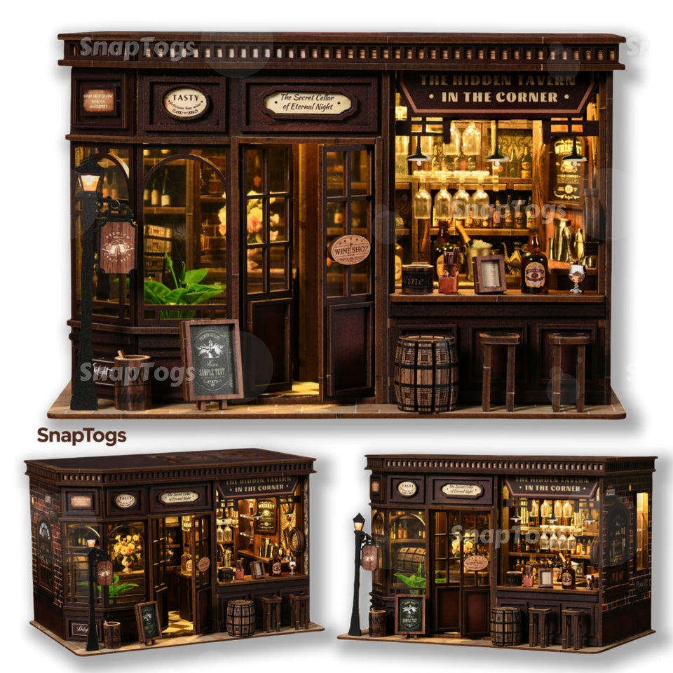 SnapTogs 3D Wooden Puzzle 327PCS Corner Tavern Retro Light Up Dollhouse Furniture DIY Miniature Kit Model Assembly Gift