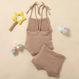 0-18M Baby Girls Summer Shorts Sets Solid Color Sling Lace-up Knitted Backless Rompers Drawstring Shorts Outfits for Photography