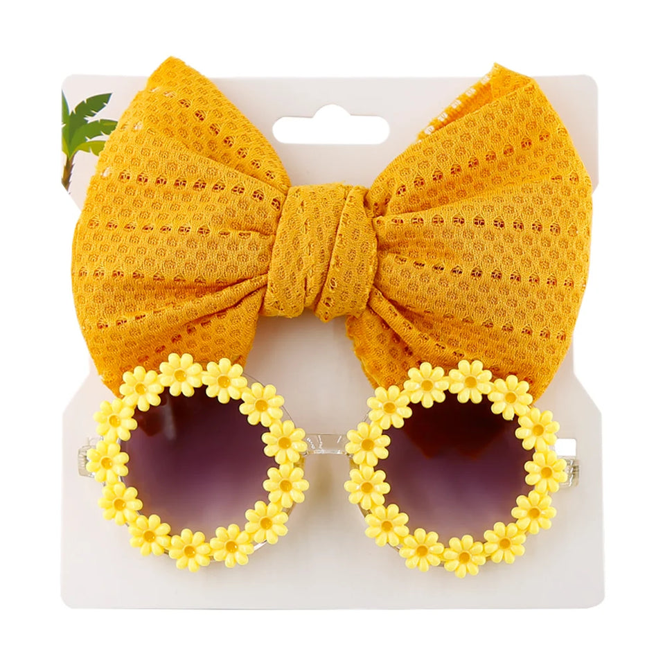 2Pcs/Set Daisy Flower Sunglasses With Elastic Nylon Baby Headband Bohemia Beach Seaside Sun Glasses Kids Puff Bow Headwear