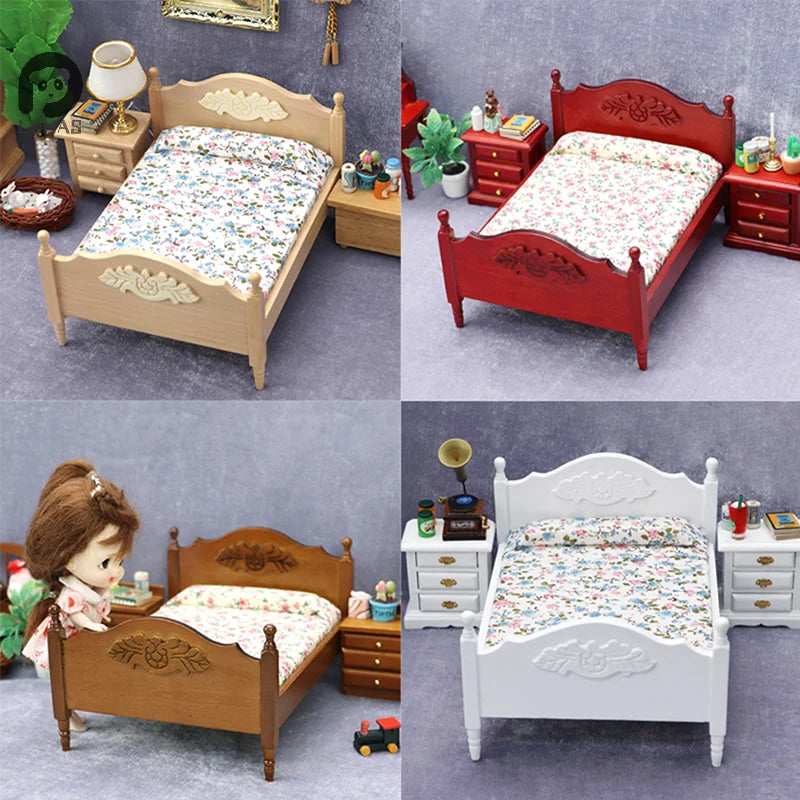 1Pc 1:12 Dollhouse Miniature Bedroom Double Bed European Simulation Furniture Model Living Scene Decor Toy
